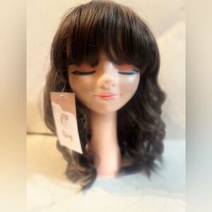 New Curly Wig with Band Color Brown Highlights Full Cap synthetic Blend Wig